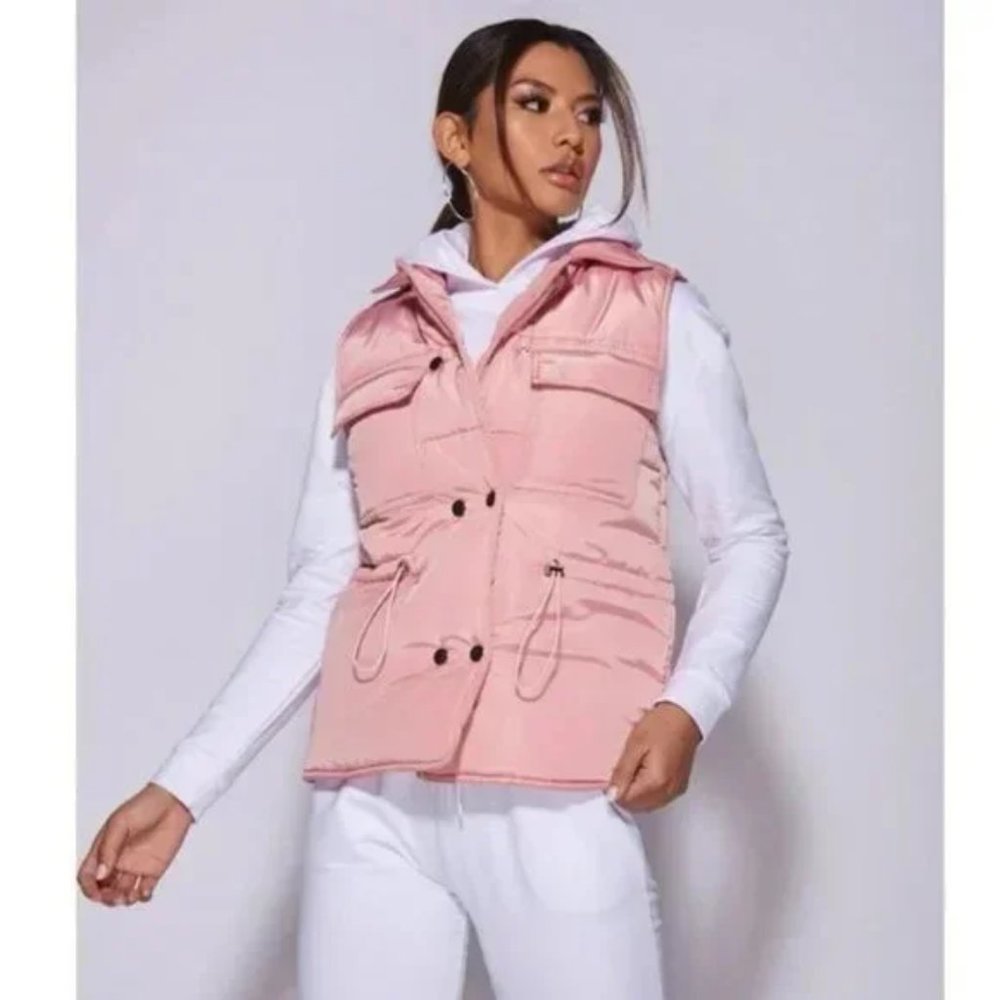 Pink Sleeveless Collared Double Breasted Padded Puffer Jacket Vest Gilet - Picture 16 of 16